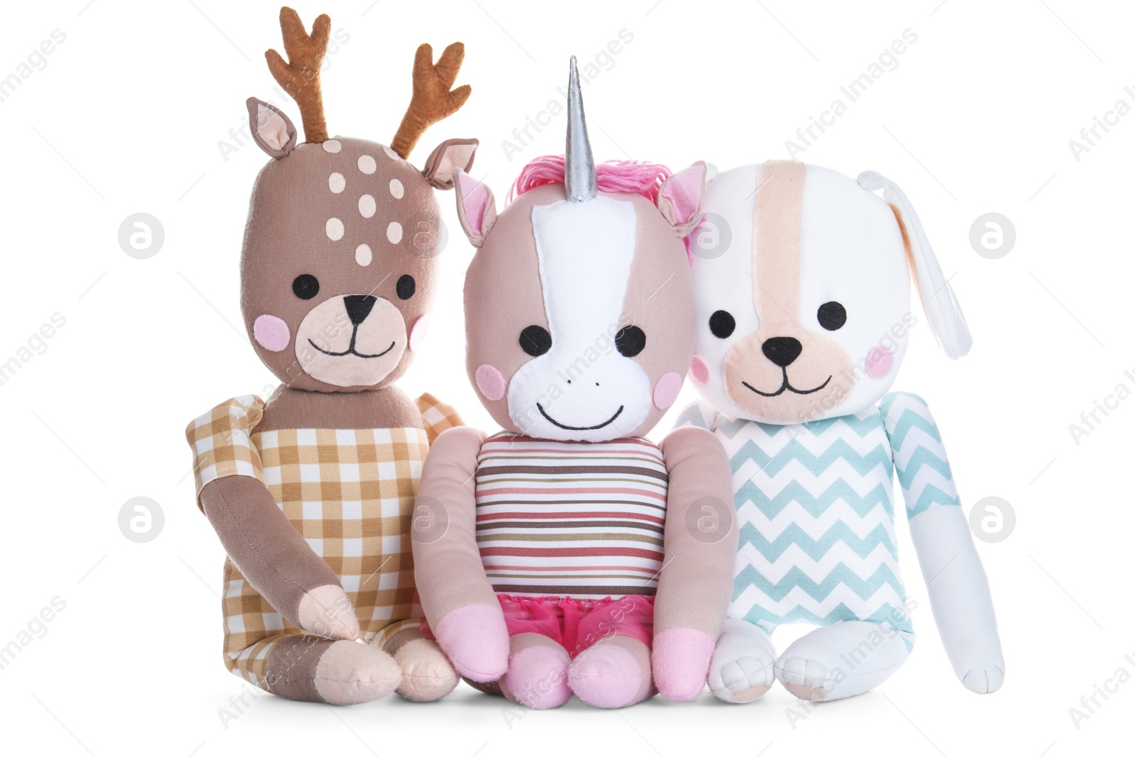 Photo of Different cute soft toys on white background