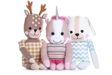 Photo of Different cute soft toys on white background