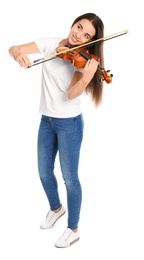 Photo of Beautiful woman playing violin on white background