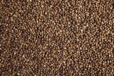 Organic hemp seeds as background, top view