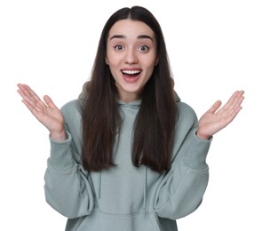 Photo of Portrait of happy surprised woman on white background