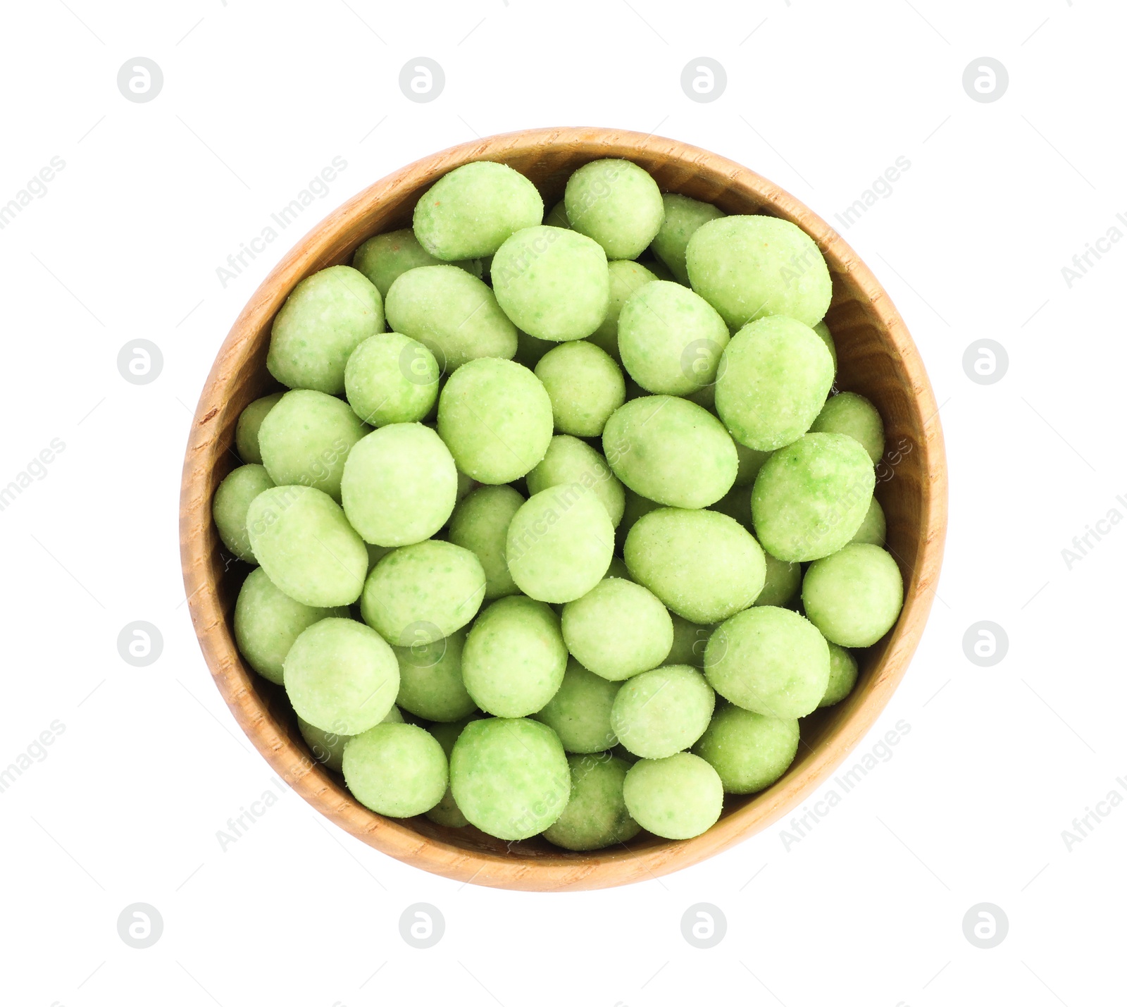 Photo of Tasty wasabi coated peanuts in wooden bowl on white background, top view