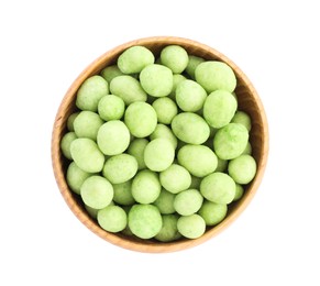 Photo of Tasty wasabi coated peanuts in wooden bowl on white background, top view
