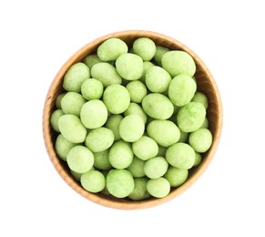 Tasty wasabi coated peanuts in wooden bowl on white background, top view