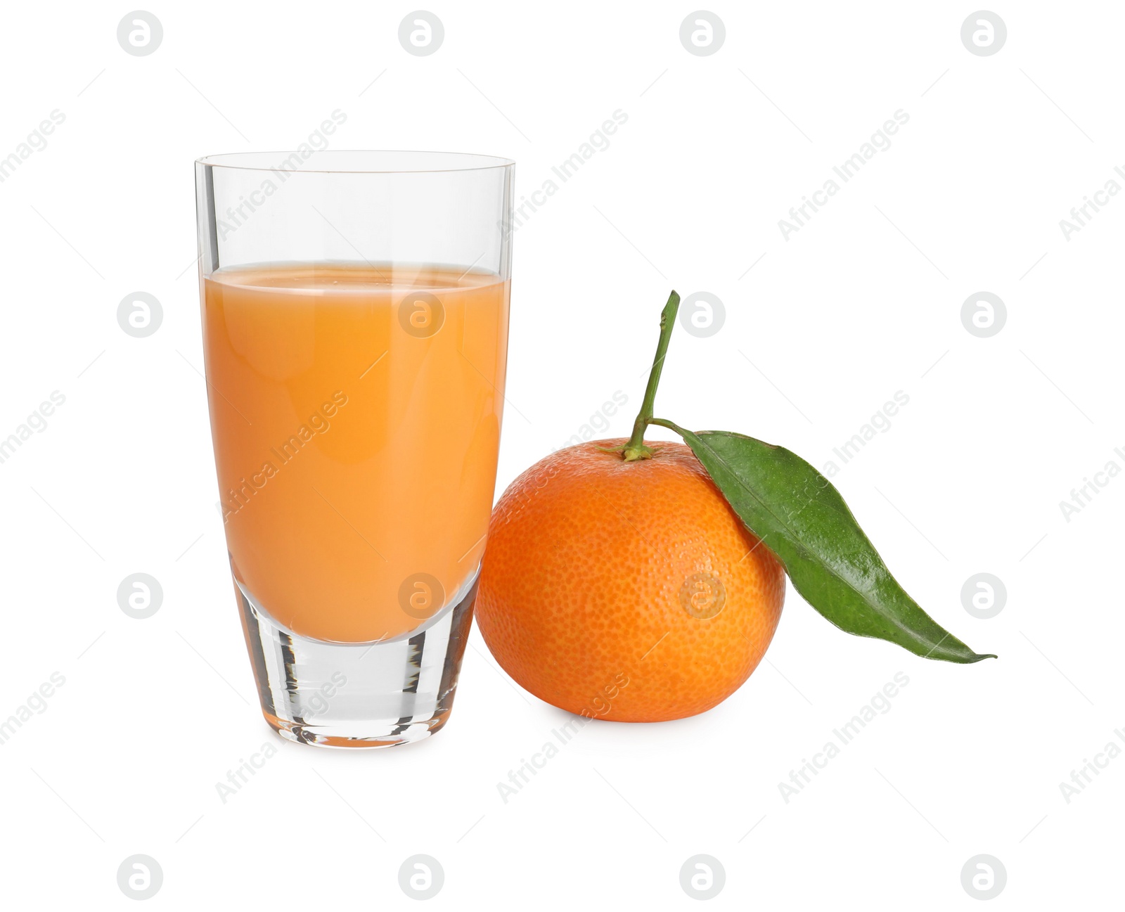 Photo of Tasty tangerine liqueur in shot glass and fresh fruit isolated on white