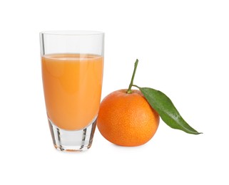 Tasty tangerine liqueur in shot glass and fresh fruit isolated on white