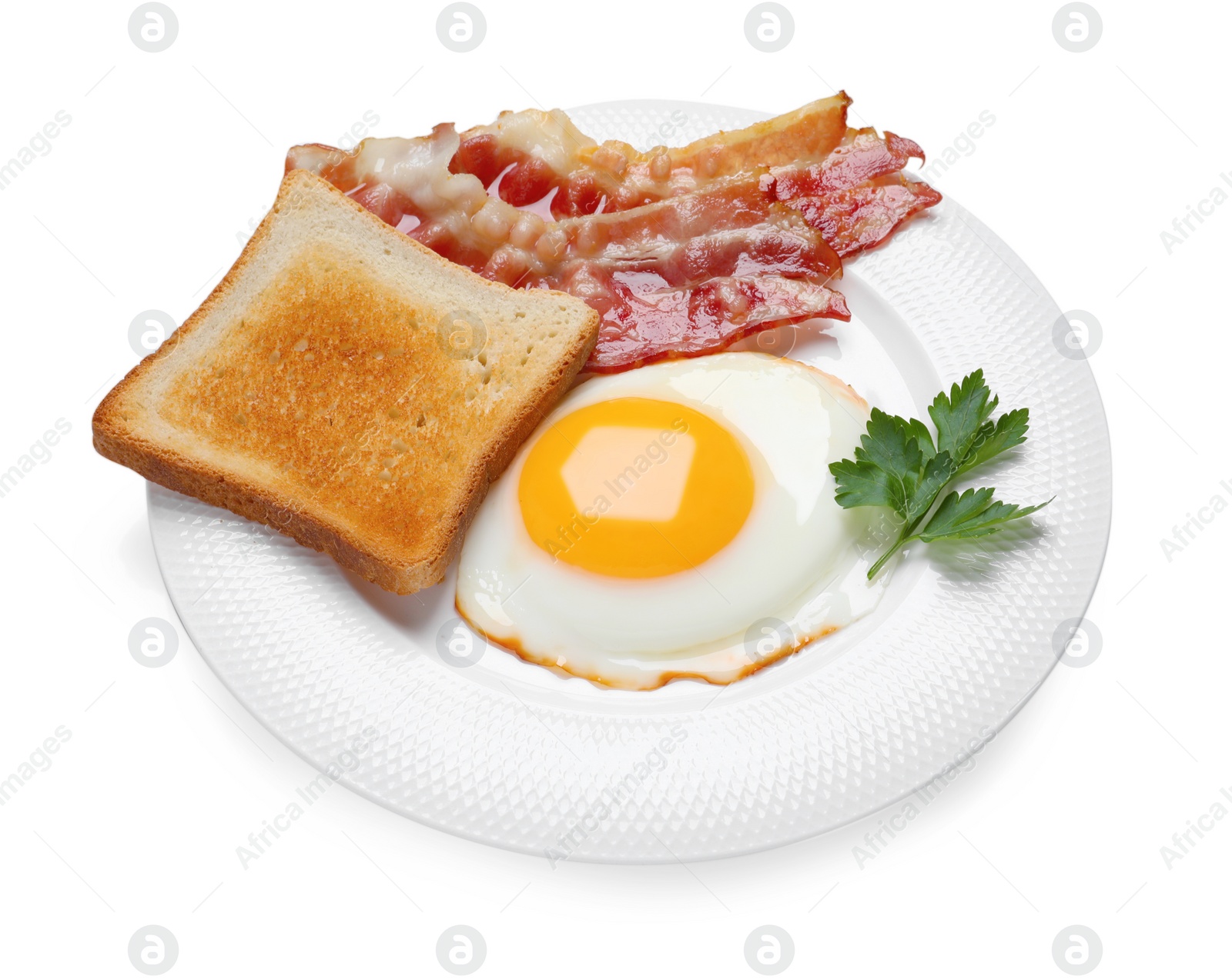 Photo of Plate with delicious fried egg, bacon and toast isolated on white