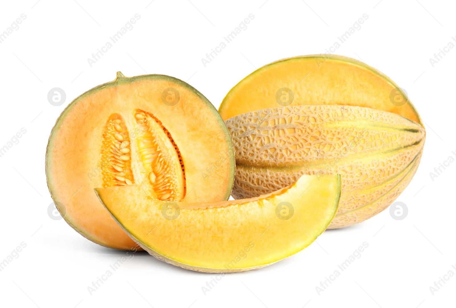 Photo of Tasty fresh cut and whole melons isolated on white