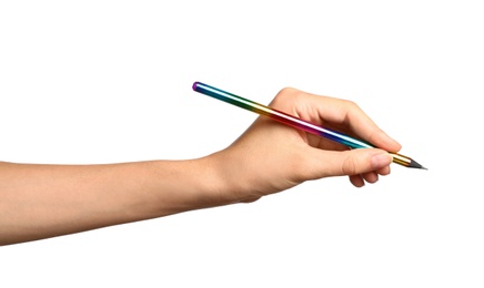 Photo of Young woman holding pencil on white background, closeup