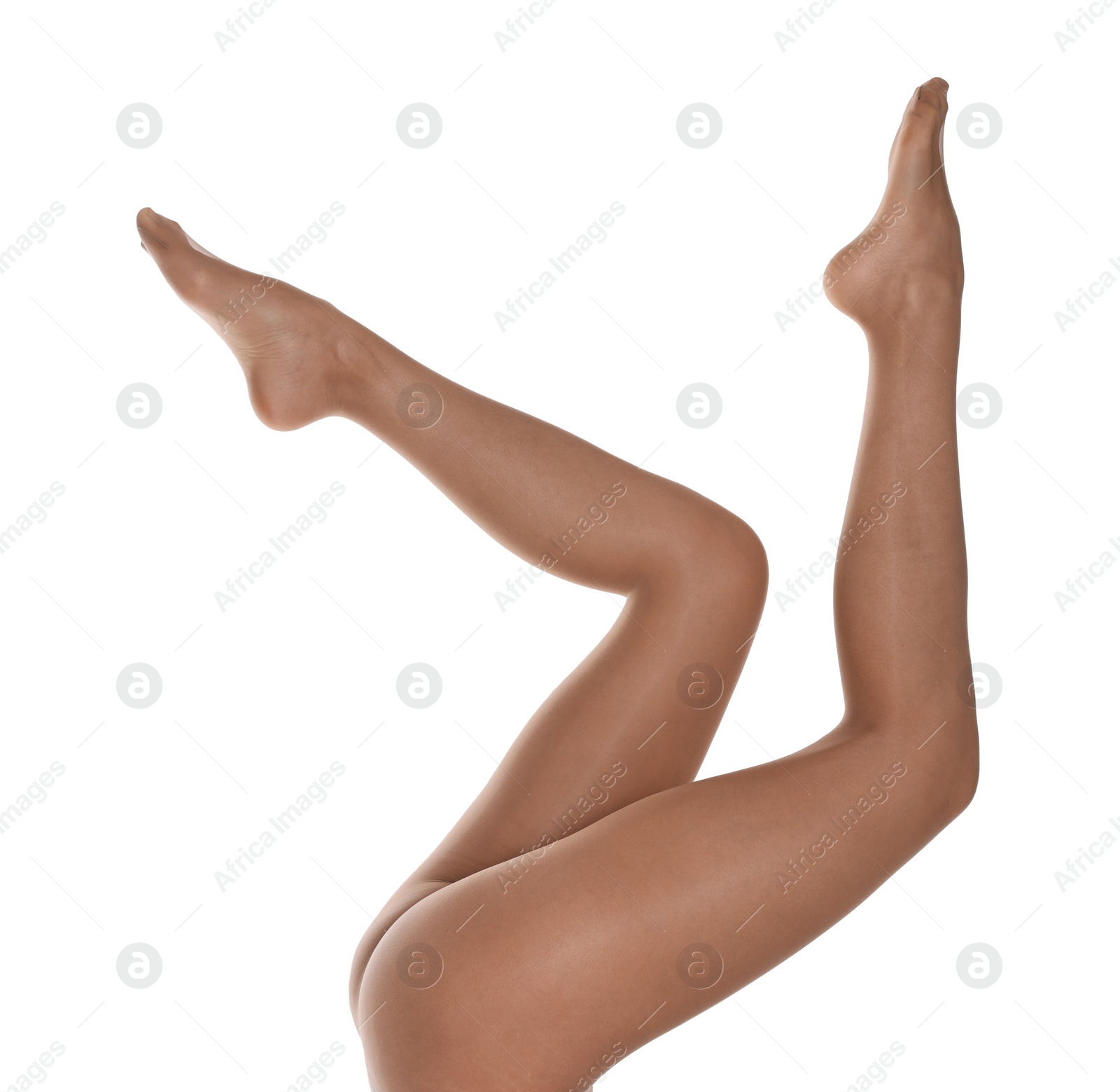 Photo of Woman with beautiful long legs wearing tights on white background, closeup