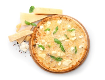 Photo of Delicious pizza with cheese on white background