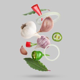 Image of Different spices falling on light grey background