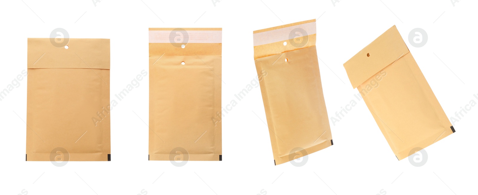 Image of Set with kraft paper envelopes on white background. Banner design