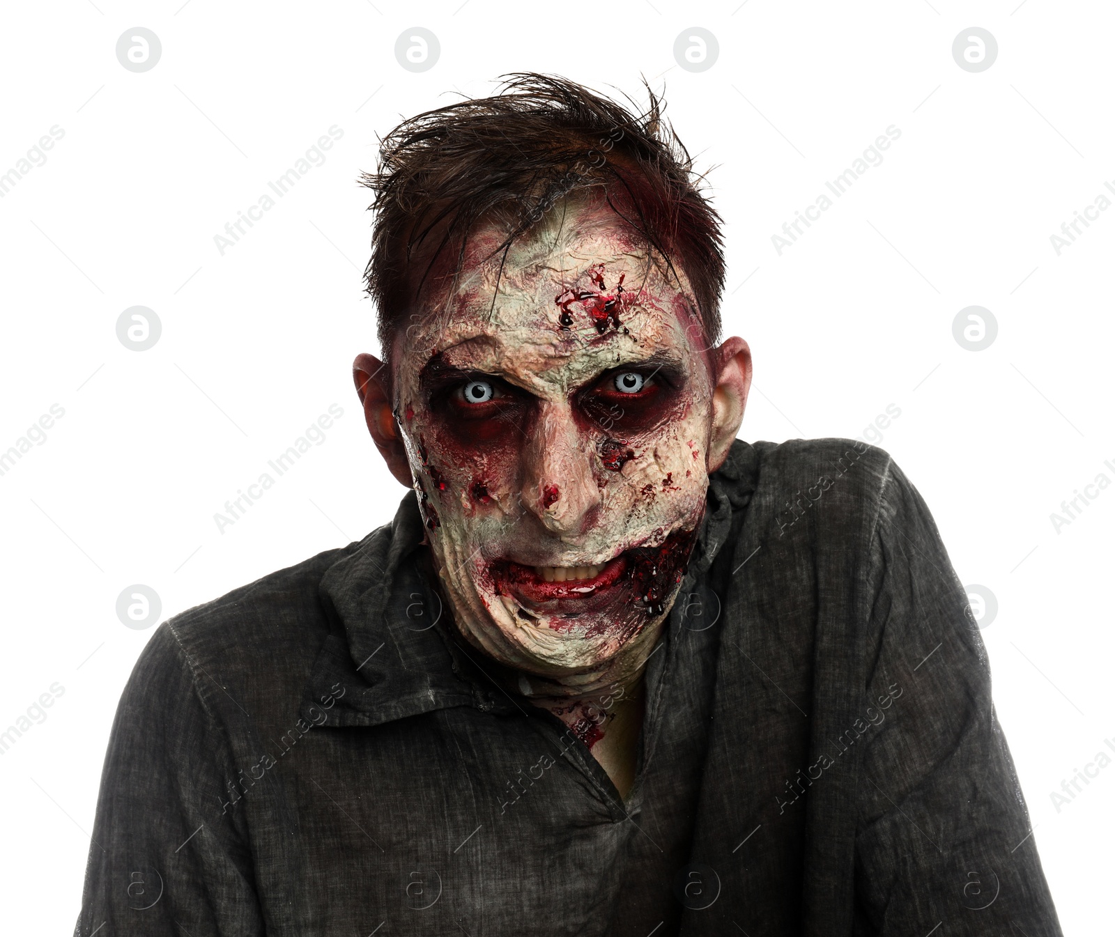 Photo of Scary zombie on white background. Halloween monster