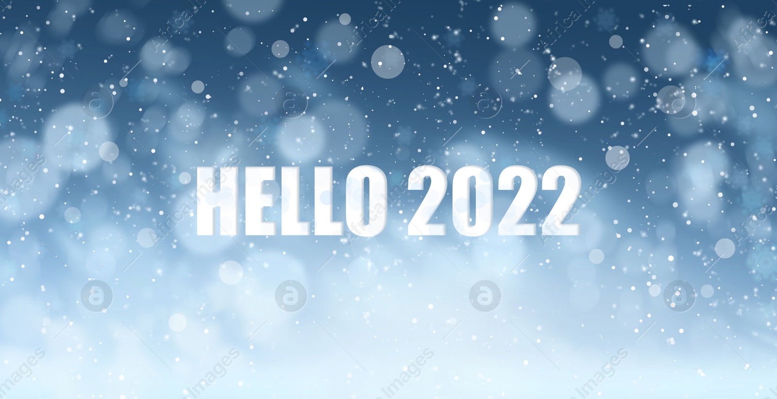 Image of Text Hello 2022 on blue background, bokeh effect. Banner design 