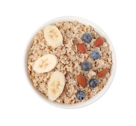 Photo of Tasty boiled oatmeal with blueberries, almonds and banana in bowl isolated on white, top view