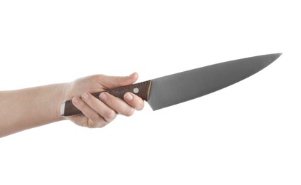 Photo of Woman holding knife on white background, closeup