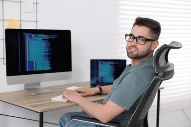 Happy young programmer working at desk in office