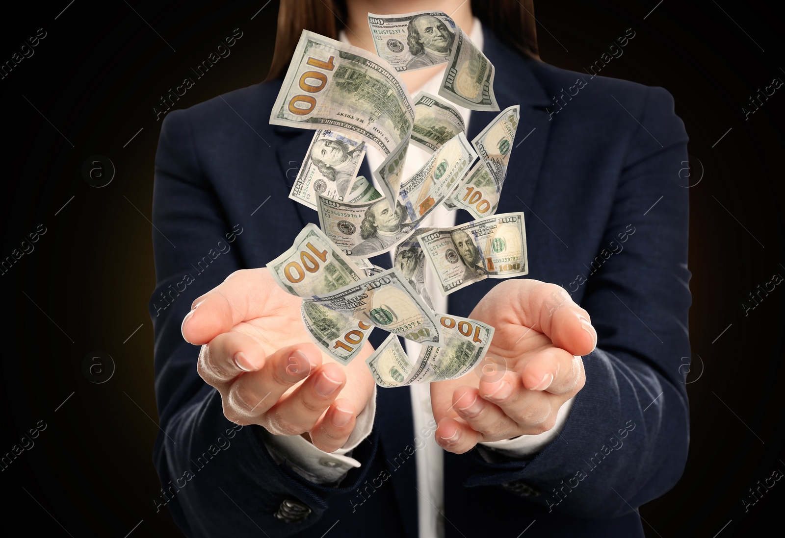 Image of Woman with money on black background, closeup. Currency exchange