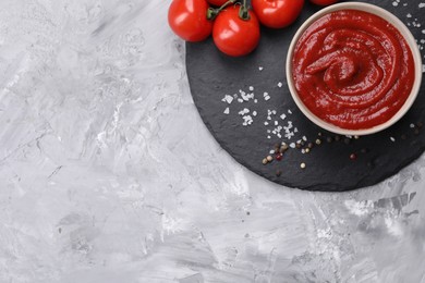 Organic ketchup in bowl, fresh tomatoes and spices on grey textured table, top view with space for text. Tomato sauce