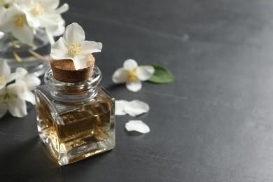 Photo of Jasmine essential oil and fresh flowers on dark grey table, space for text