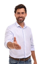 Photo of Happy man welcoming and offering handshake on white background