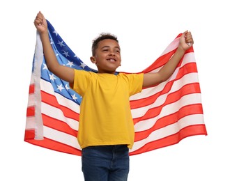 Photo of 4th of July - Independence Day of USA. Happy boy with American flag on white background