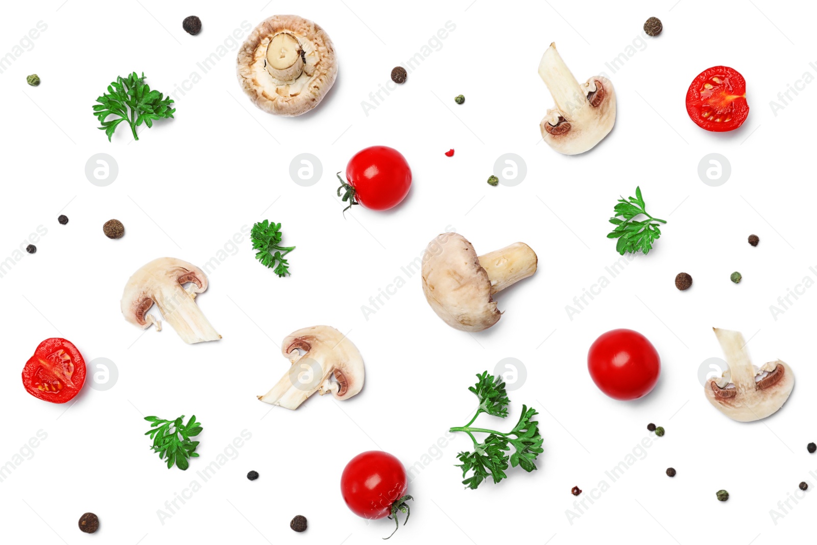 Photo of Beautiful composition with green fresh parsley and vegetables on white background, top view