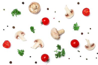 Photo of Beautiful composition with green fresh parsley and vegetables on white background, top view