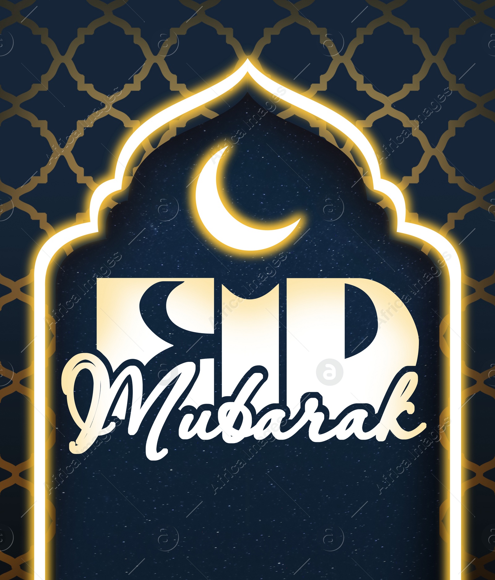 Illustration of Eid Mubarak greeting card with illustration of crescent moon and mosque outline on dark blue background