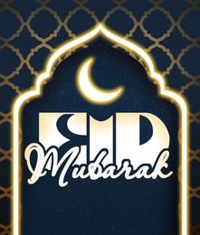 Illustration of Eid Mubarak greeting card with illustration of crescent moon and mosque outline on dark blue background