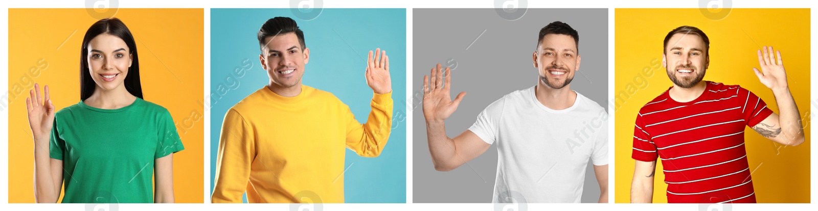 Image of Collage with photos of cheerful people showing hello gesture on different color backgrounds. Banner design