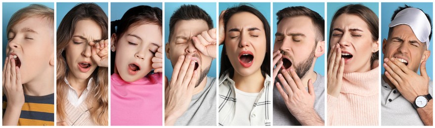 Image of Collage with photos of yawning people on blue background. Banner design
