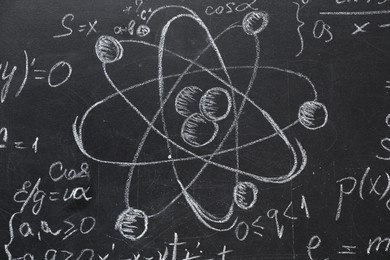 Many different physical formulas written with chalk on blackboard