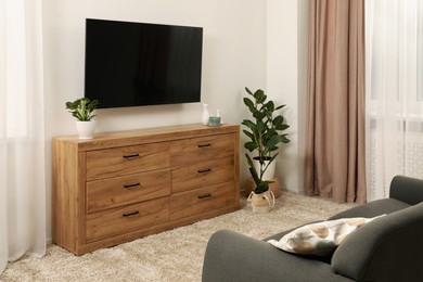Photo of Cozy room interior with chest of drawers, TV set, sofa and decor elements