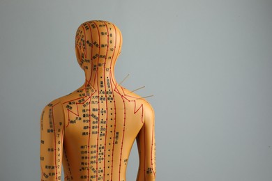 Photo of Acupuncture - alternative medicine. Human model with needles in shoulder against grey background, back view. Space for text