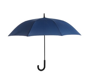 Photo of Stylish open blue umbrella isolated on white
