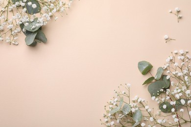 Beautiful floral composition with gypsophila and eucalyptus on beige background, flat lay. Space for text