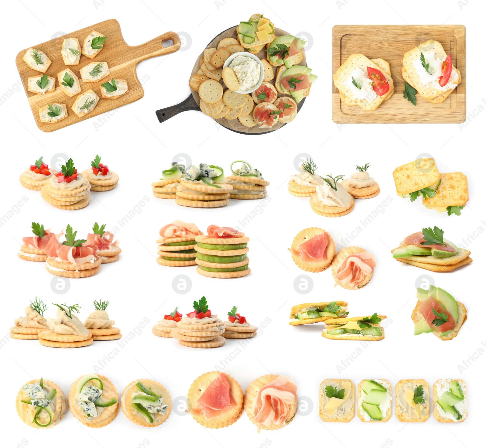 Image of Delicious crackers with different toppings isolated on white, set