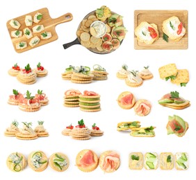 Image of Delicious crackers with different toppings isolated on white, set