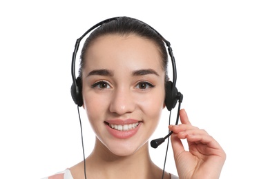 Photo of Technical support operator with headset on white background