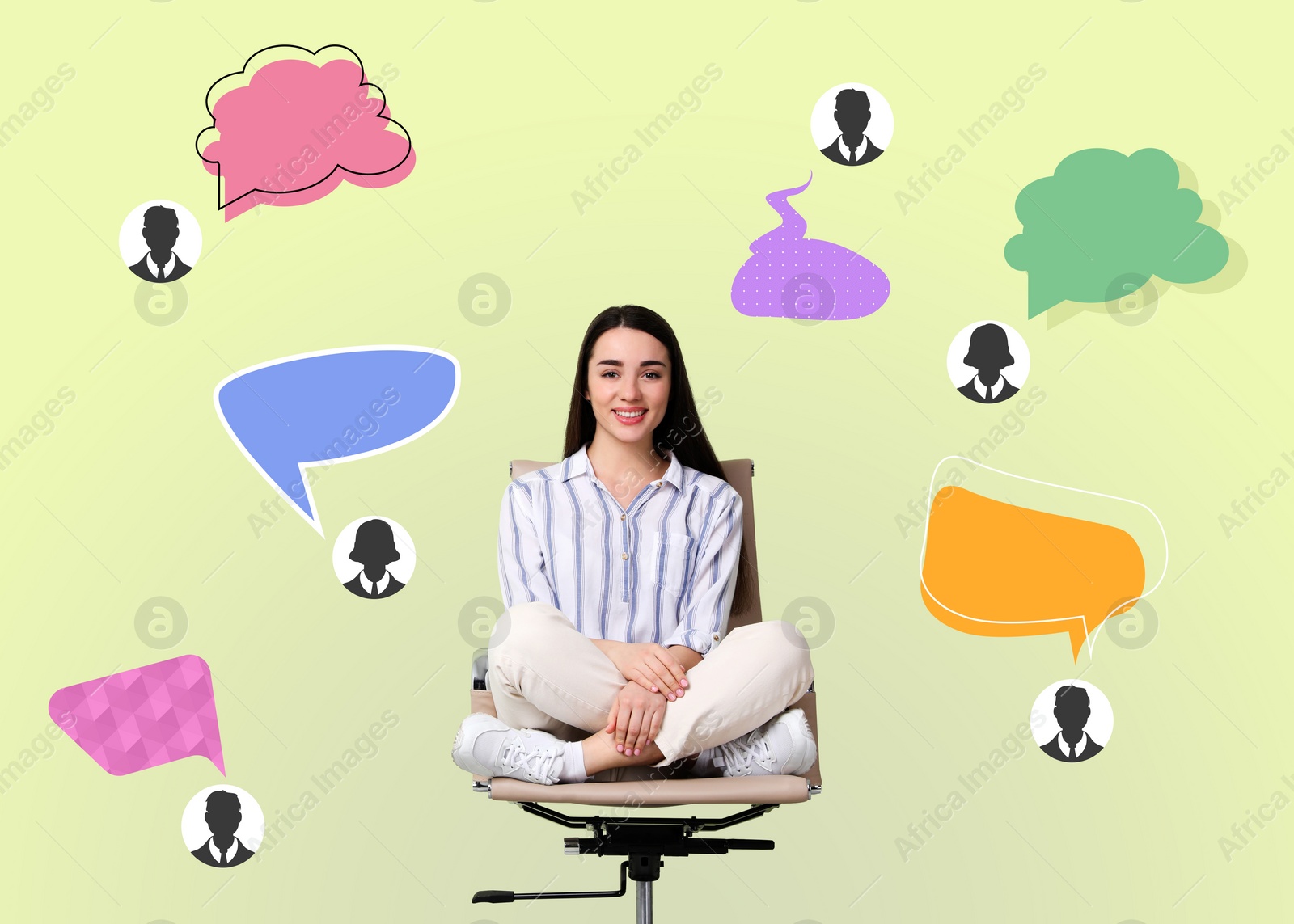 Image of Communication, dialogue. Smiling woman sitting in office chair against beige background. Avatars with speech bubbles around her