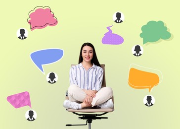 Image of Communication, dialogue. Smiling woman sitting in office chair against beige background. Avatars with speech bubbles around her