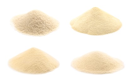 Image of Set with uncooked organic semolina on white background 