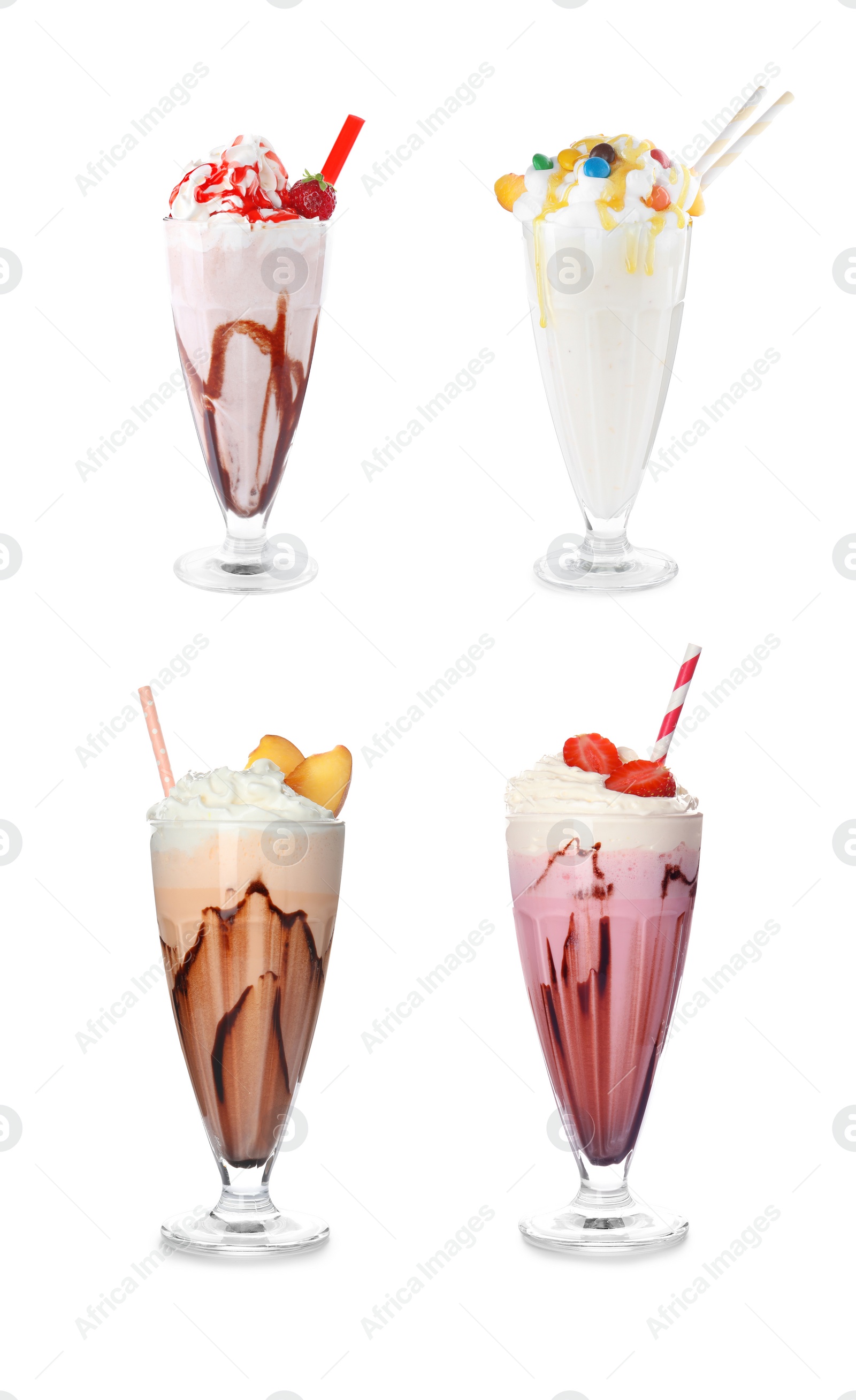 Image of Set of glasses with different protein shakes on white background