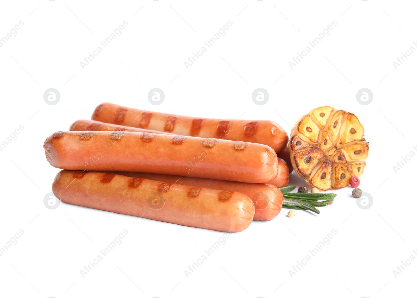 Photo of Yummy grilled sausages and garlic with rosemary isolated on white