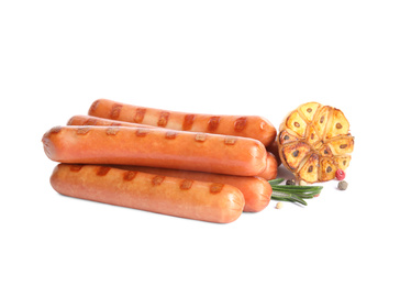 Yummy grilled sausages and garlic with rosemary isolated on white