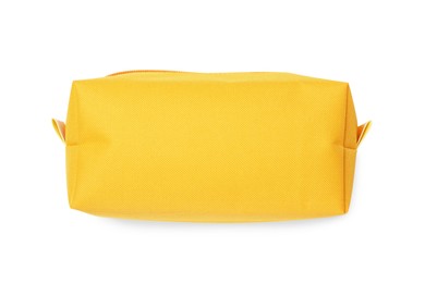 Photo of Yellow cosmetic bag isolated on white, top view