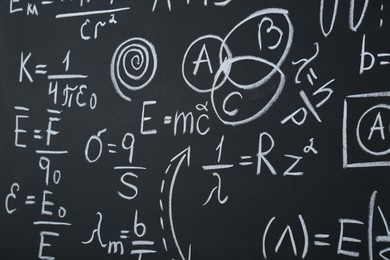 Photo of Different mathematical formulas written with chalk on blackboard