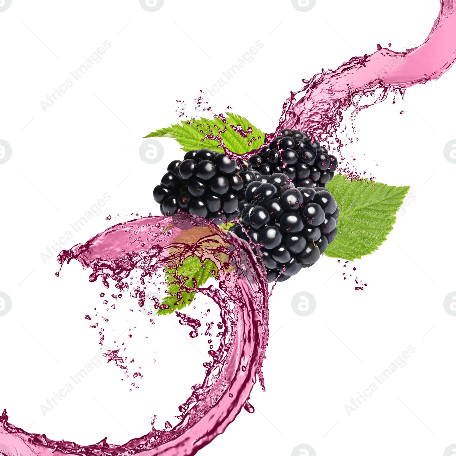 Image of Fresh blackberries and juice in air on white background